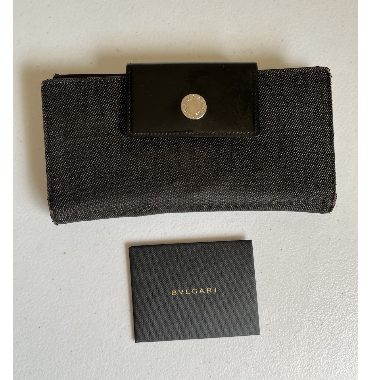 Authentic Bvlgari 7x4 Logomania Monogram Denim Patent Leather Long Wallet Italy